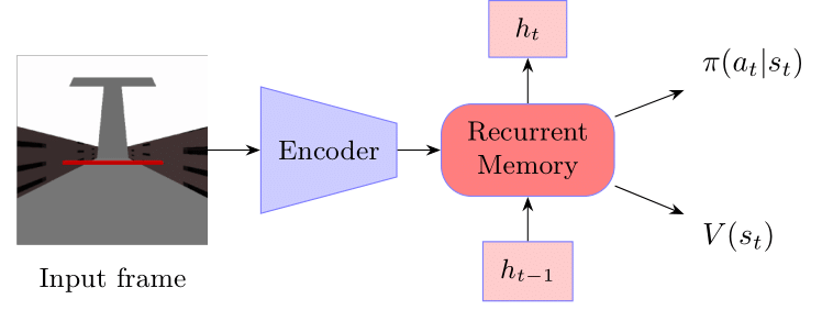 Agent architecture with encoder, recurrent memory, policy and value heads.